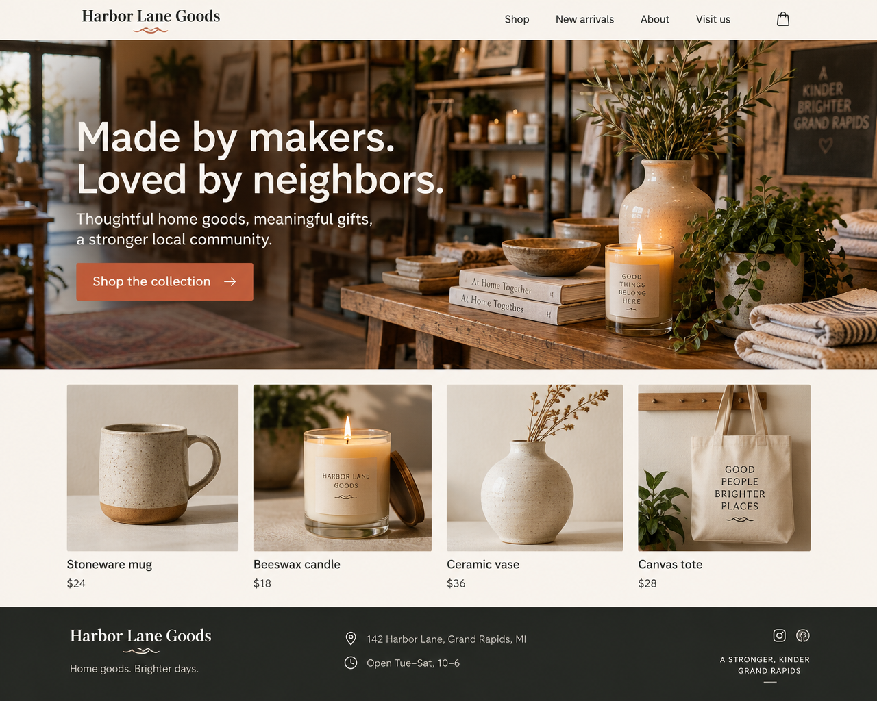 Concept homepage mockup for a local retail shop